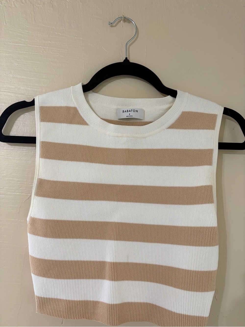Babaton Beige & White Striped Ribbed Tank